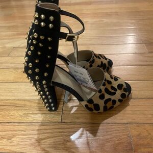 Zara Black and Leopard Print Studded Heels